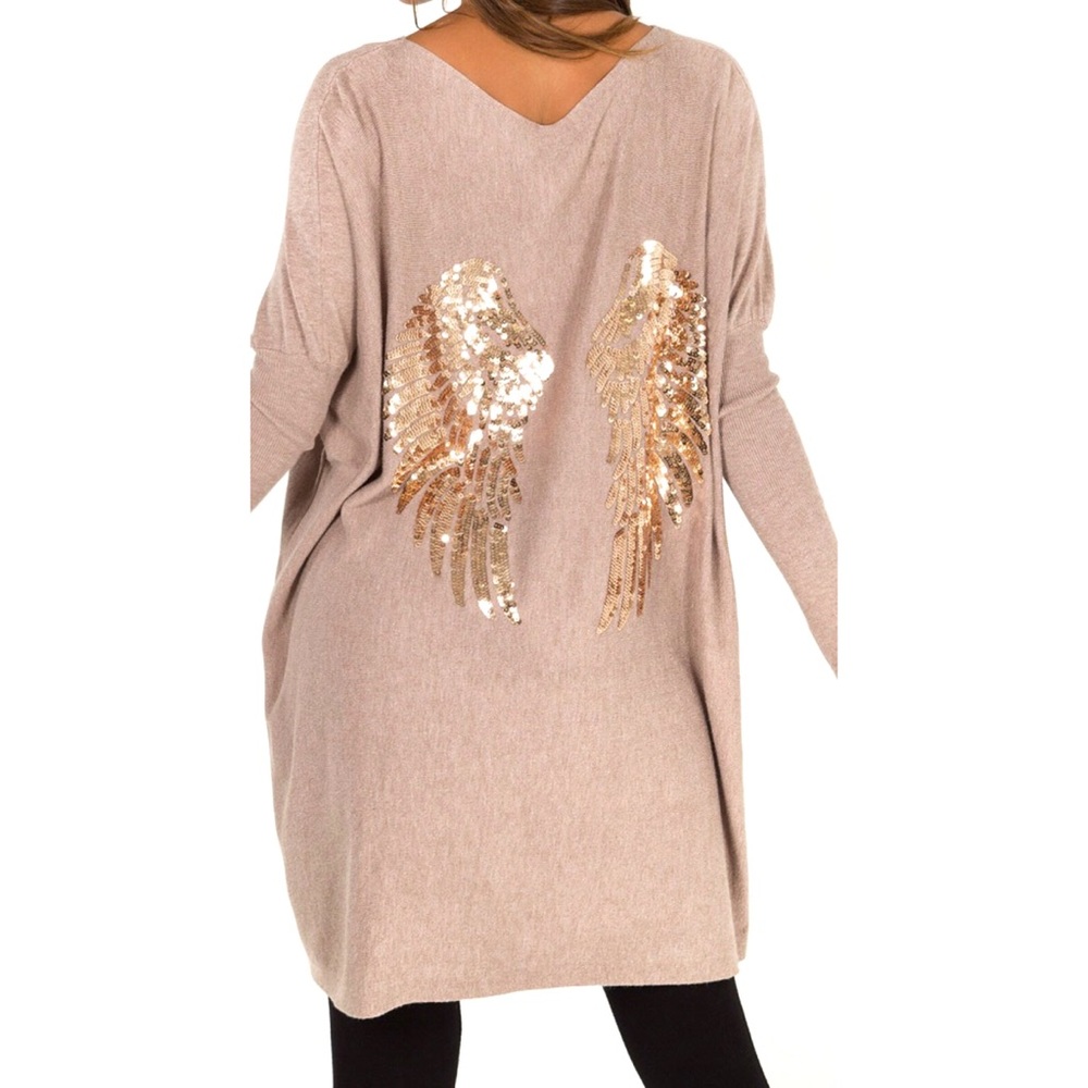 Oversized Sequin Embellished Angel Tunic Sweater
